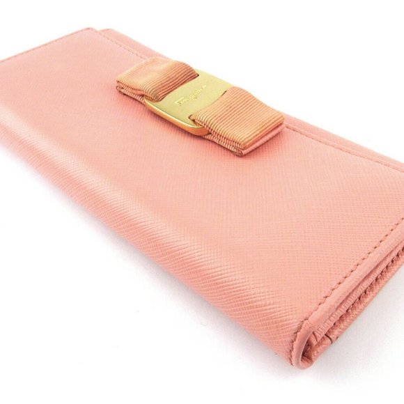Authentic Salvatore ferragamo long wallet Vara Ribbon Pink LeatherUSED